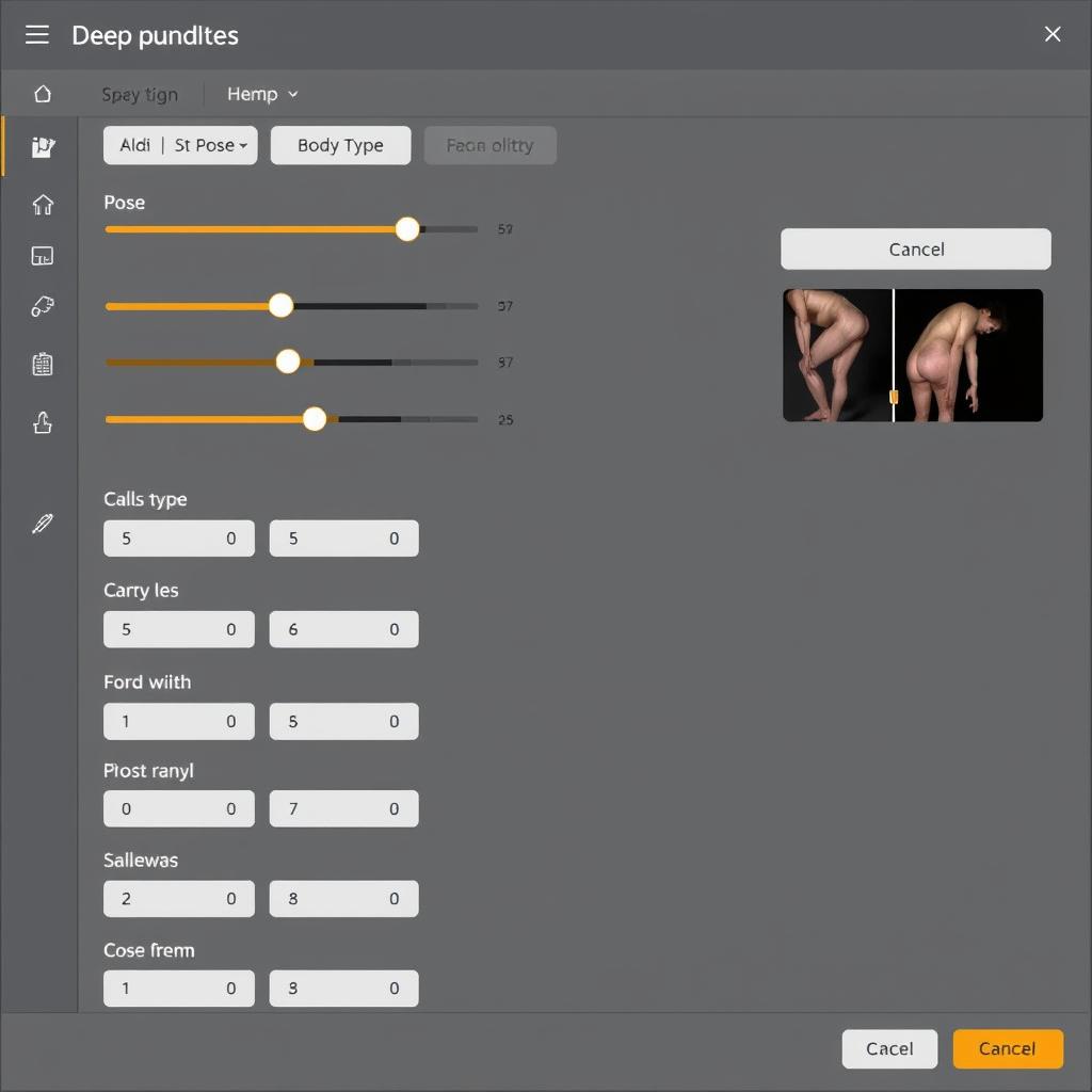 Deep Nudes AI customization options showing body type and pose settings